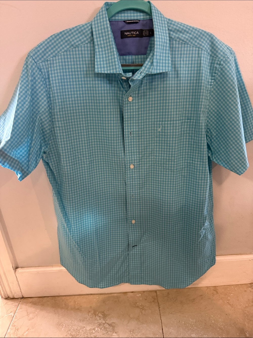Nautica Men's Teal Gingham Short-Sleeve Button-Down Shirt